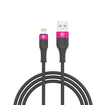 BY Кабель для зарядки Powerline iP, 1м, Быстрая зарядка 2.4А, 12W, силикон, серый+фуксия