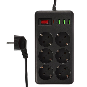 Удлинитель, сетевой фильтр 6 гнезд 3м BY Black, 3*USB, 1*type-C,выкл., 2500Вт,чёрный