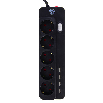 Удлинитель, сетевой фильтр 5 гнезд BY 2м, 4xUSB (3А), 0,75кв.мм,10А,2500Вт, чёрный