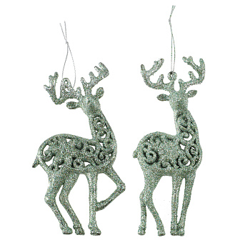 СНОУ БУМ Подвеска декоративная "Олень" 14 см, пластик, глиттер, тиффани, 2 дизайна