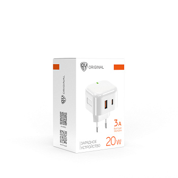 BY Сетевое зарядное устройство Corner 20Вт, USB-C, USB-A, QC,PD,110-240В,50-60Гц, пластик, белый