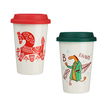 MILLIMI Кружка для кофе с силиконовой крышкой 450мл, фарфор, 2 дизайна