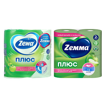 Туалетная бумага ZEWA/ZEMMA Плюс Яблоко, 2 слоя, 4 рулона