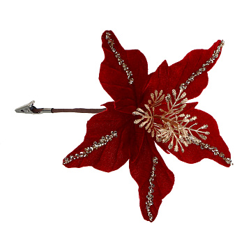СНОУ БУМ Пуансетия 15 см на прищепке (5 лепестков), глиттер, полиэстер, металл, 26-417