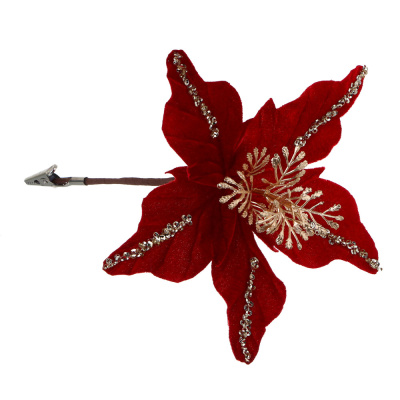 СНОУ БУМ Пуансетия 15 см на прищепке (5 лепестков), глиттер, полиэстер, металл, 26-417