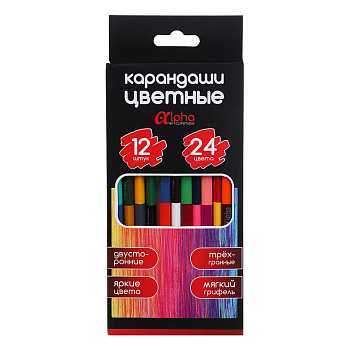 Карандаши двусторонние 24 цвета "Альфа" 3-гранные заточ., дерево, 2М, к/к, ПРЕМИУМ, 12шт.