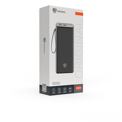 Аккумулятор мобильный BY 40000мАч, 2xUSB-A, 2xUSB-C, 20W, 3A, цифровой индикатор, пластик, чёрный