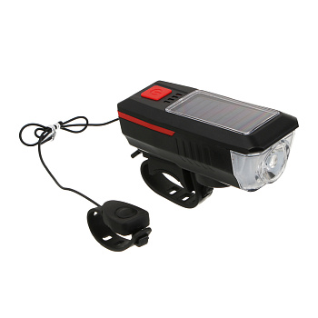 Фонарь велосипедный передний с звонком, тм BY SPORT, с зарядкой от солнечной батареи/USB, 3/6 реж.