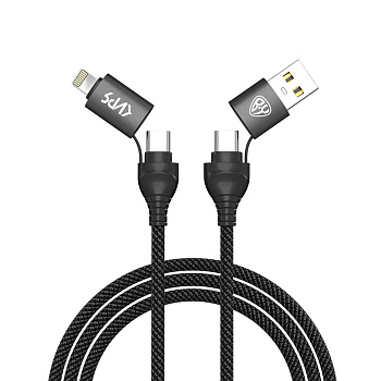 BY Киря Кабель для зарядки Diverse 4в1 USB/iP/microUSB/Type-C, 1м,  3А, PD 65W, тканевый, черный